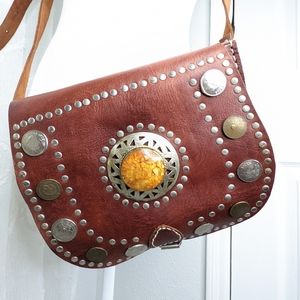 Hand made concho brown real leather purse crossbody